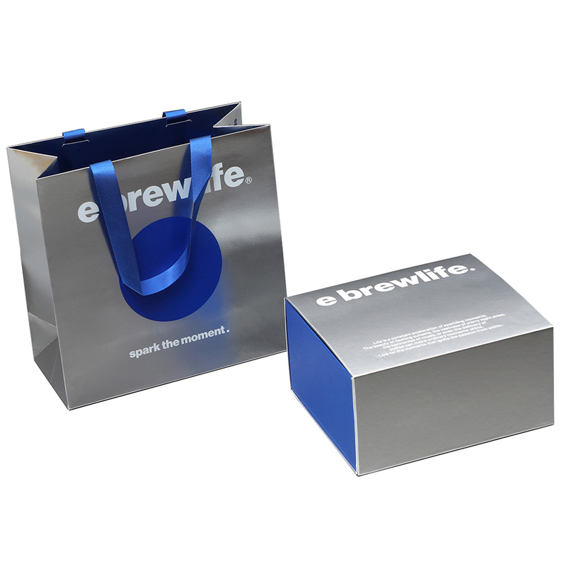 Custom Logo Luxury Silver Magnetic Paper Coffee Gift Box And Bag Set